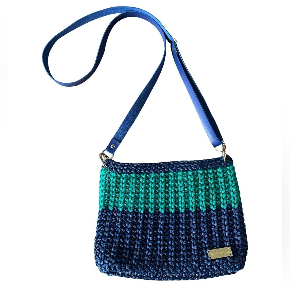 Handmade Crocheted Shoulder/Crossbody Purse Navy Blue and Green